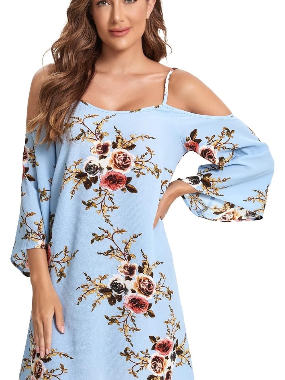 Sky Blue Floral Asymmetrical Cold-Shoulder Dress